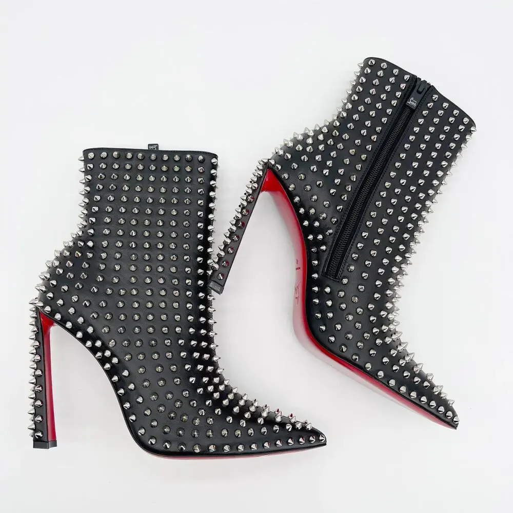 Christian Louboutin Black Condora Booty Spiked Leather Heeled Ankle Boots EU 40